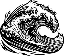 silhouette illustration of a surfer balancing on a surfboard while riding a large ocean wave