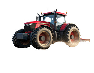 Obraz premium Modern Red Agricultural Tractor with Oversized Tires on Farmland