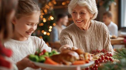 Grandmother Serving Christmas Dinner to Family at Home Warm Smiles and Plated Dishes with Steaming Vegetables and Gravy Festive Centerpieces Conveying Generational Care and
