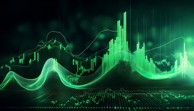 digital stock market data visualization with green graph lines on a dark background - Powered by Adobe