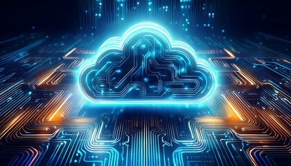 futuristic glowing cloud symbol over digital circuit board background representing cloud computing technology