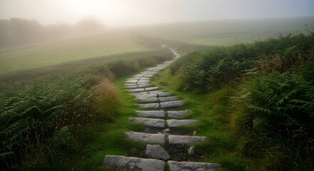 Stone path through misty landscape with green foliage and a distant horizon line view