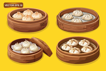 Vector collection of steamed chicken dim sum in bamboo baskets. Delicious Asian food illustration, perfect for restaurant menus, packaging, culinary branding, posters, and digital food projects.