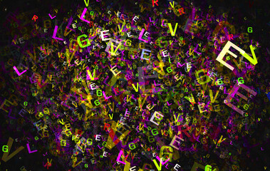 Jumbled random letters in multicolor on a black background