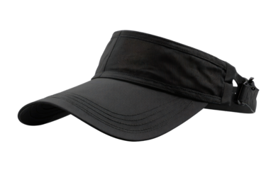 Dark gray/black visor hat with adjustable band.  Flat brim and  a slightly curved crown.  Fabric appears breathable and lightweight
