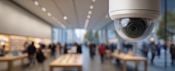Security camera monitoring a busy retail store interior with blurred shoppers.