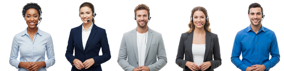 Collection of young people with a warm, friendly smile, wearing a call center headset with a microphone, isolated on white or transparent background