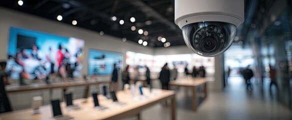 CCTV security camera monitoring a modern electronics retail store.