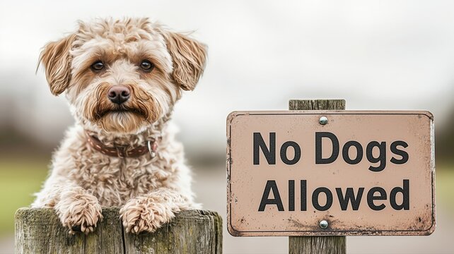 cute small dog sitting beside no dogs allowed sign outdoors