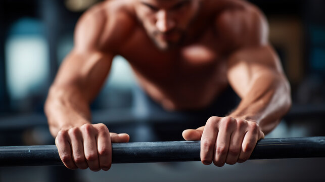 Determined Athlete Performing Dips on Parallel Bars in Gym Arm Flexion and Bar Grip Textures with Vein Details Gym Atmosphere with Weights Conveying Upper Body Strength and