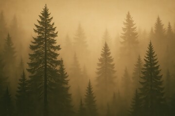 Fototapeta premium Ethereal pine forest emerging from golden morning mist with vintage film photography aesthetic