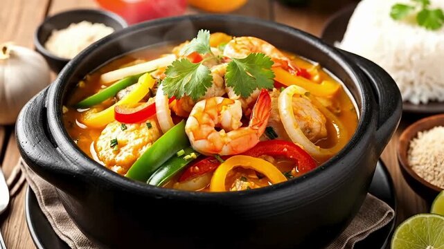 Moqueca, a typical Brazilian dish with shrimp, vegetables and rice.