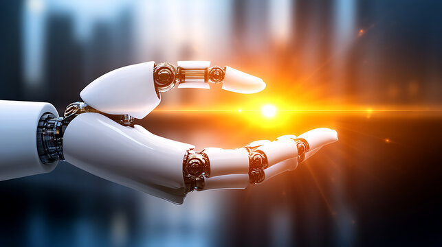 Robotic Hand Offering Light in a Futuristic Setting