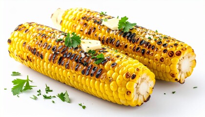 Golden roasted corn on the cob with grill marks butter glaze juicy kernels appetizing summer food isolated on white background
