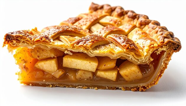 Golden baked apple pie slice with flaky crust sweet filling appetizing dessert detail isolated on white background
