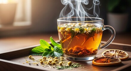 Fototapeta premium Enjoy a cup of calming chamomile tea with mint and dried orange on a wooden tray for relaxation