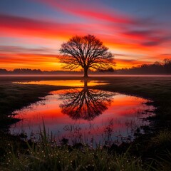 Obraz premium Tree reflection in water at sunset with vibrant colors and a peaceful atmosphere
