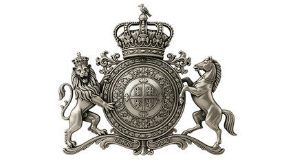 Royal coat of arms emblem crest heraldry lion horse crown vintage antique family symbol design vector art on transparent background