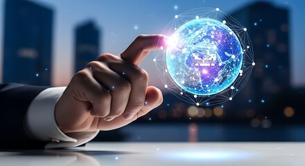 A hand touching a digital globe with a network overlay against a blurred city background