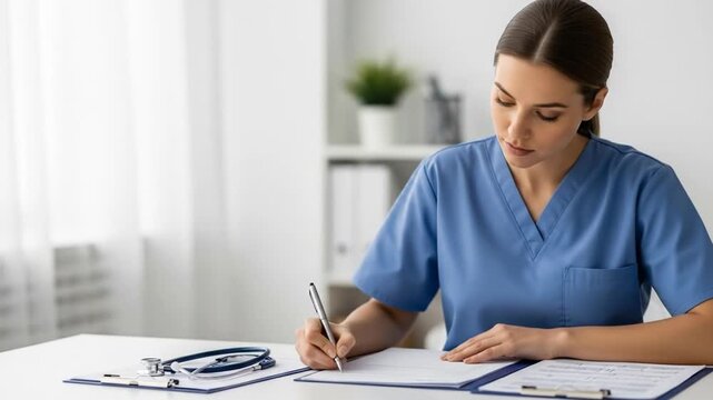 A female doctor in a medical uniform is writing in a patient's medical records at a desk in a clinic.