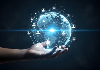 Human hand holding a luminous planet Earth hologram with a plexus of interconnected user profiles for global networking