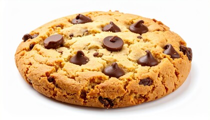 Golden baked cookie with chocolate chips round shape crispy edges soft inside sweet dessert isolated on white background
