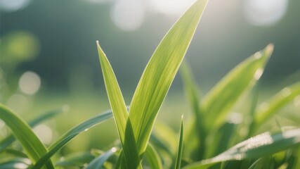 Obraz premium Sunlit Green Grass Blades in a Soft Focus Environment