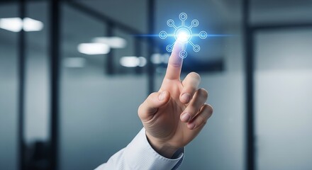 Hand touching a glowing network interface in a modern office environment displaying technology