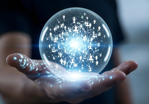 Businessman holding a luminous crystal ball displaying a futuristic holographic network of global connections and data - Powered by Adobe