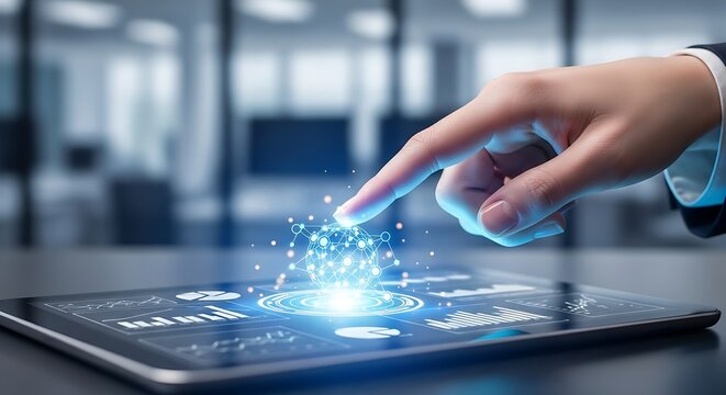 A hand touching a digital globe on a tablet displaying charts and graphs in a modern office space