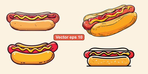 Vector illustration of a delicious hotdog with sausage, mustard, and ketchup in a fresh bun. Perfect for menu design, fast food branding, and culinary projects.