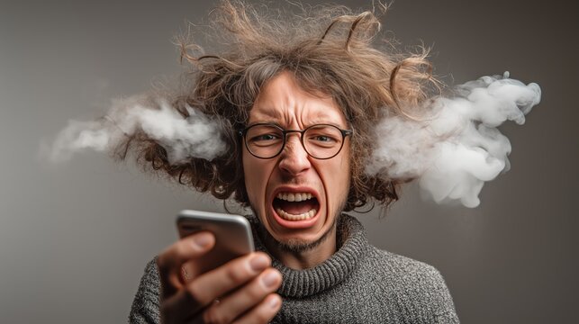 Homme exasp&eacute;r&eacute; tenant un t&eacute;l&eacute;phone avec de la fum&eacute;e sortant de ses oreilles