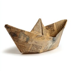 Obraz premium A Handmade Origami Paper Boat Crafted from Vintage Newspaper Stock Image