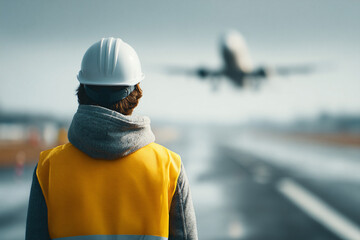 An airport worker observing an airplane taking off