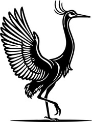 Black and white minimalist illustration of a crane bird standing gracefully, isolated on white