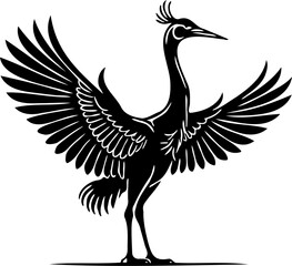 Black and white minimalist illustration of a crane bird standing gracefully, isolated on white