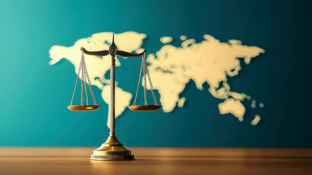 Global justice law balance scale gold world map concept wooden table, impartial ethics and legal equality fairness, golden balanced global legal