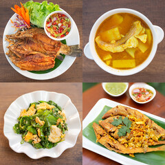 Delicious Thai Dishes Set, A set of popular Thai dishes including spicy stir-fry, tom yum soup, fried snacks, and seafood rice platter served in modern style.