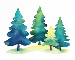 Set of colorful watercolor pine trees in shades of green, blue, and yellow, perfect for creative landscape design, fairytale forest scenes, and children’s illustration. Vector illustration.