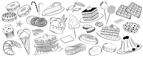 Cakes, ice cream and sweets collection - vector illustration