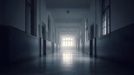 Abandoned school corridor with faint daylight filtering through windows, cool desaturated palette