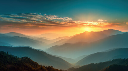 Obraz premium Beautiful sunrise over mountain landscape with misty valleys