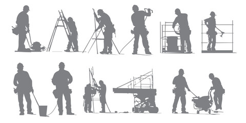 Construction Worker Silhouette Collection. Construction workers are working wearing safety helmets. Vector eps 10