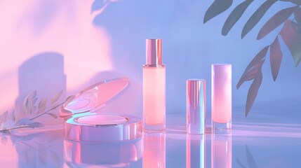 Elegant beauty product display with a dreamy, iridescent light and pastel color palette