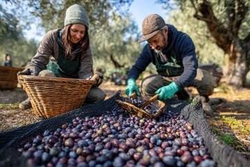 Olive Harvest - Farmers Sorting Olives in a Field.