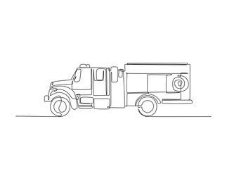 Fire truck outline illustration. Continuous line art drawing of fire truck vehicle. Editable stroke.