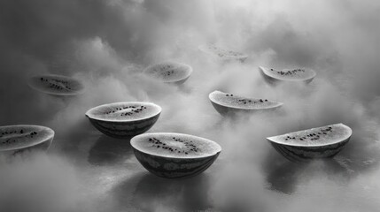 Cut watermelon halves scattered in gray smoke. Dramatic lighting, monochrome foodscape