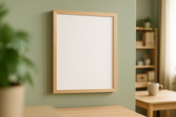 Cozy home office mockup of a blank poster on a sage green wall, perfect for displaying productive art and decor.