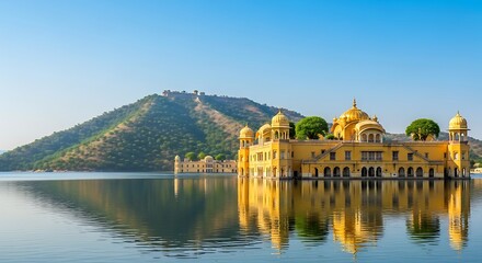 Fototapeta premium Majestic jal mahal palace reflecting in man sagar lake jaipur india