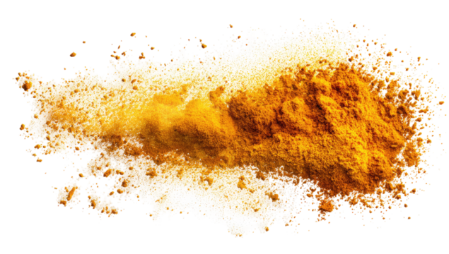 Spilled golden spice, a chaotic explosion of vibrant yellow and orange powder